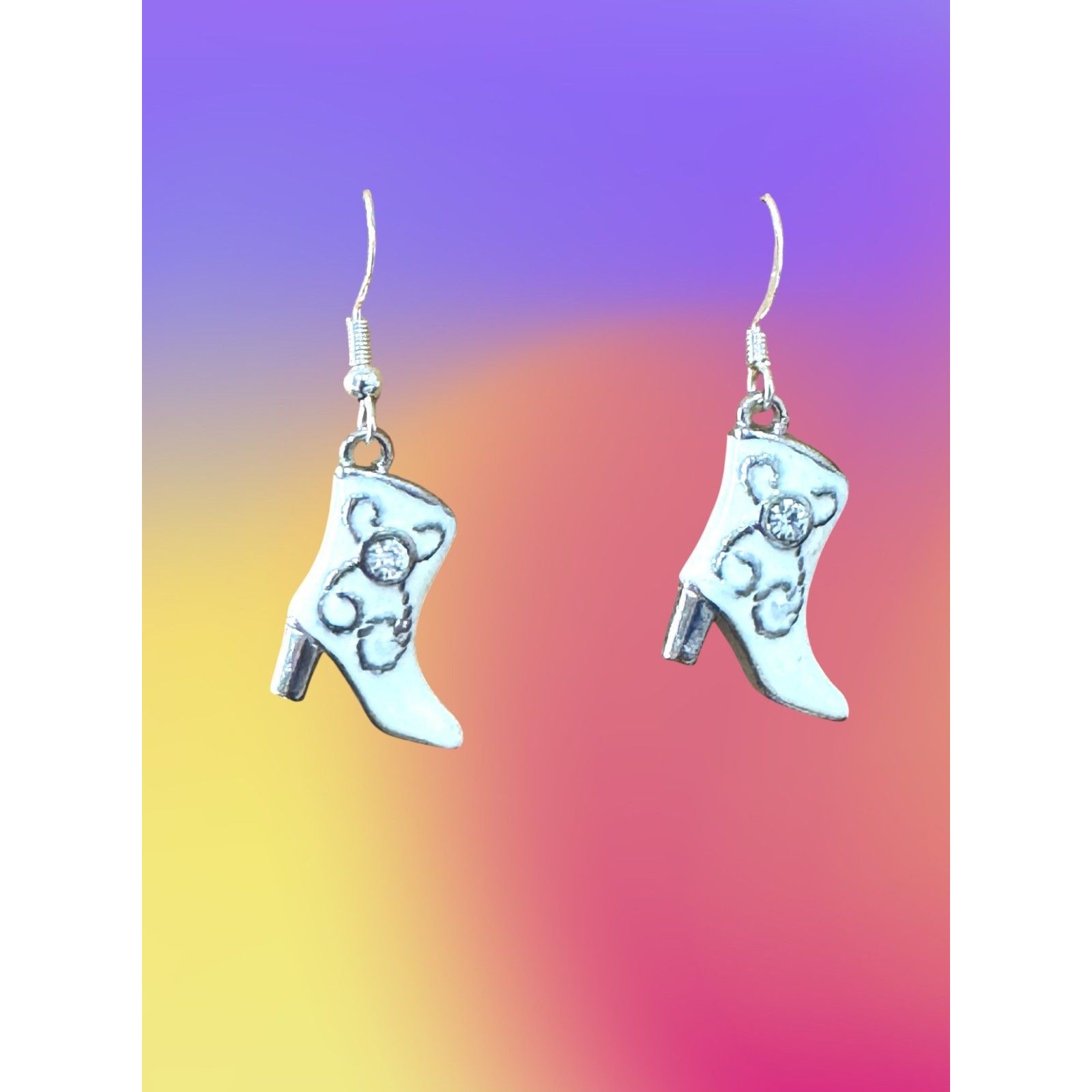 White Enamel Cowboy Boots Sterling Silver Earrings #2176